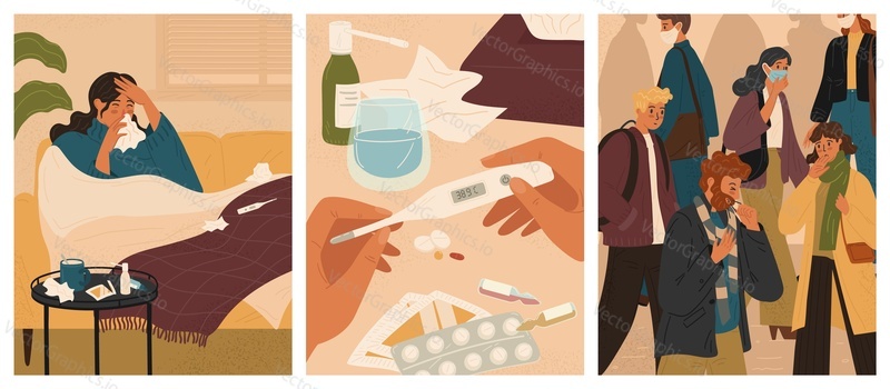 People with sick symptoms at home and on a street, vector posters set. Cold and flu season. Woman in bed having cold, fever, running nose, coughing and taking medicine drugs. Covid crowd.