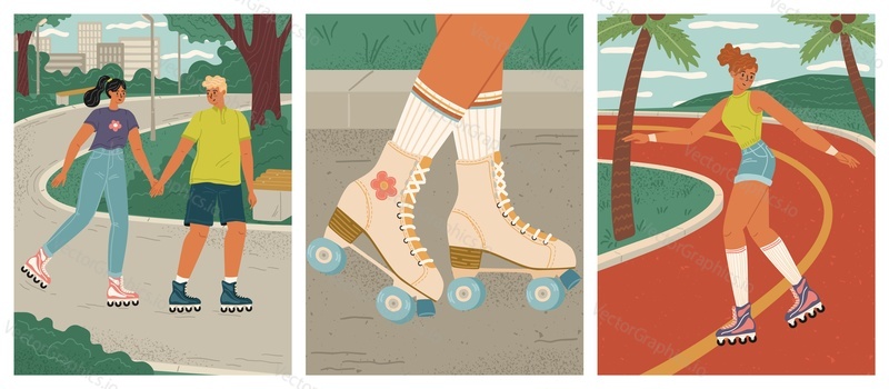 People roller skaters riding fast in city park scene set. Girlfriend and boyfriend, young teenage woman enjoying inline skating vector illustration. Active leisure time, sport and recreation concept