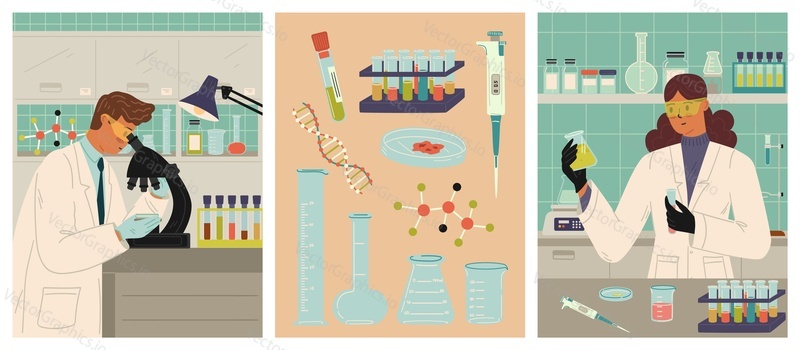 Scientist researchers working at laboratory vector illustration scene. Man and woman chemists profession, different equipment and tools for experiments design