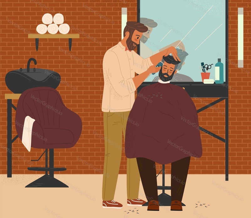 Holič stříhá vlasy klienta v holičství, vektorové ilustrace. Design interiéru holičství se židlemi, zrcadly. Kadeřník, kadeřník stříhání vlasů, dělá pánské účesy.