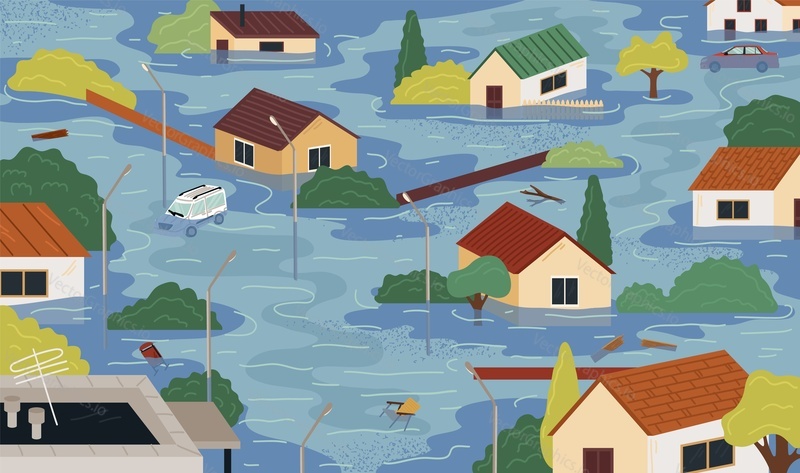 Catastrophic flood natural disaster scene. Submerged buildings and cars on city street after strong downpours vector illustration. Climate change and dangerous situation