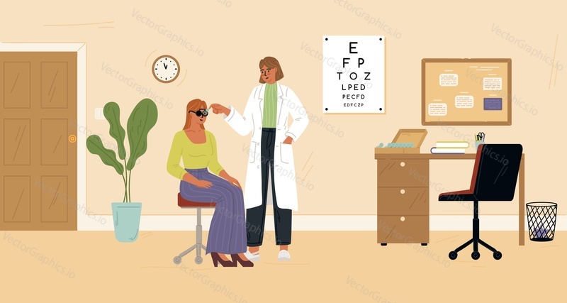 Pacientka na scéně konzultace s oftalmologem. Lékařská prohlídka zraku, diagnostika a léčba zraku vektorové ilustrace. Optometrista vyšetřuje klienta na soukromé klinice