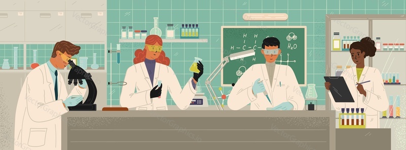 Команда ученых, работающих в химической лаборатории векторная иллюстрация. Карикатурные мужчины и женщины-исследователи, проводящие диагностику и лабораторный анализ. Сцена