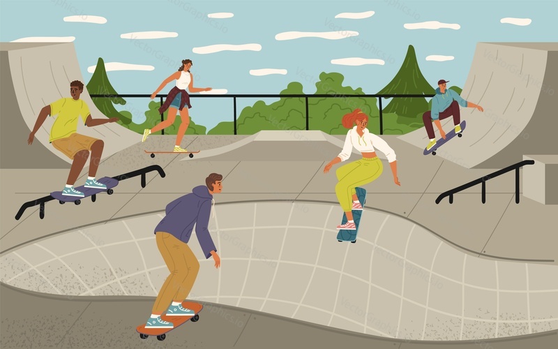 Skupina dospívajících dětí skateboarding na urban skateboard park scény. Extrémní volný čas sportovní zábava během letní dovolené vektorové ilustrace