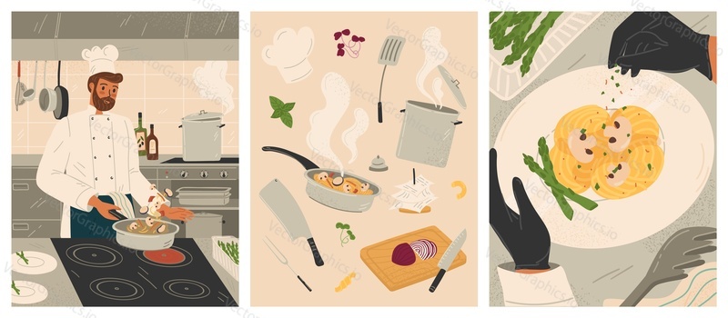 Restaurant kitchen with chef cook dish dinner. Vector posters set. Restaurant inteior, cooking food, pasta and kitchen utensils. Professional chef catering serivce.