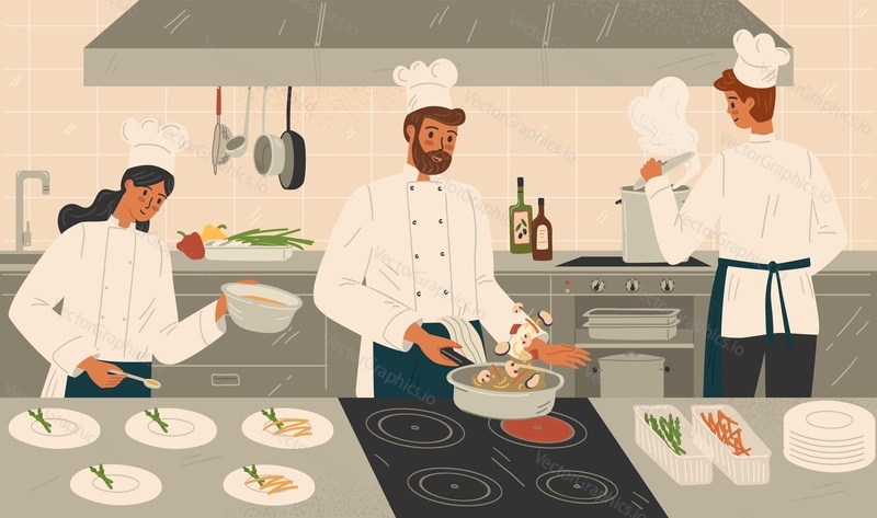 Restaurant kitchen with chef cook dish dinner, vector illustration. Restaurant inteior, cooking food. Professional chef catering serivce.