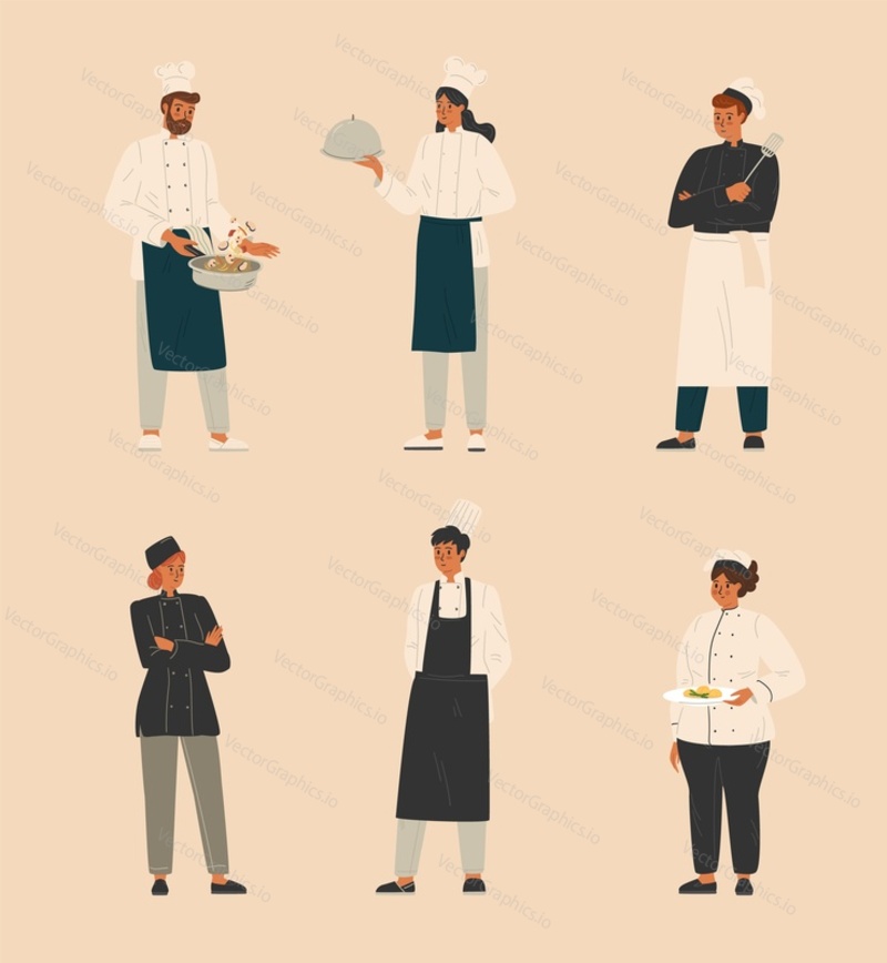 Skupina kuchařů, muž a žena kuchař, servírka, restaurace kuchyně personál. Sada vektorů. Koncept týmu restaurace. Vařte postavy lidí v uniformě.