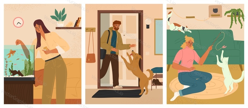 Lidé a domácí mazlíčci doma vektorová scéna. Muž a žena pečující kočka, pes Domácí zvířata a ryby kreslené ilustrace. Krmení mužských a ženských postav, hraní a setkání s nurslingem
