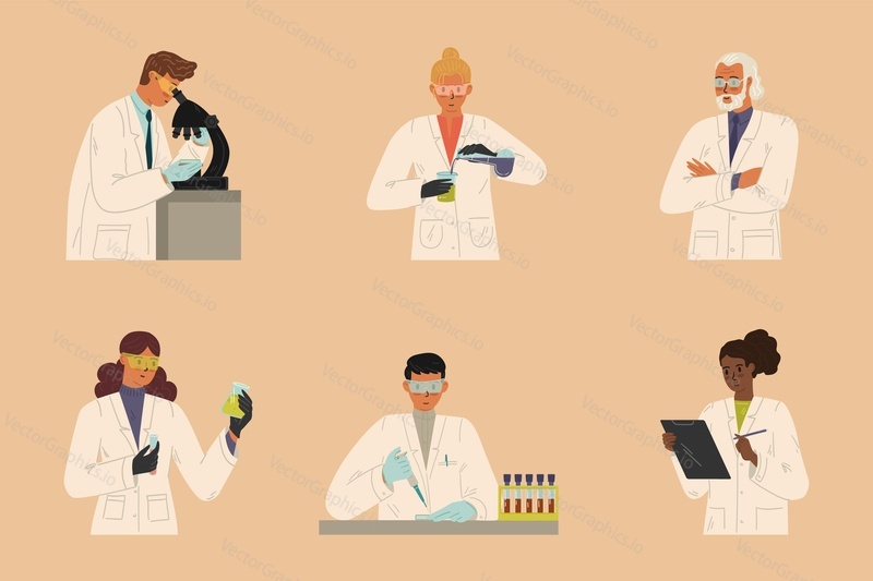 Vědec a výzkumník lidé znaková sada vektorové ilustrace. Žena biolog chemik fyzik doktor dělat výzkum conduting chemical experiment učení biotechnologie