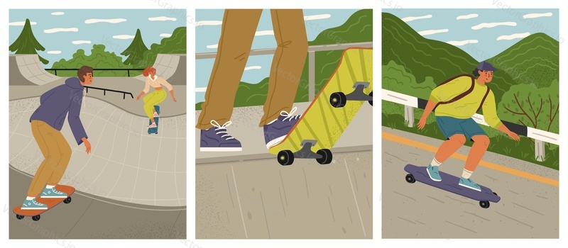 Teenager characters skateboarding on sport city playground scene set. Teenage skateboarder enjoying extreme leisure activity outdoors vector illustration