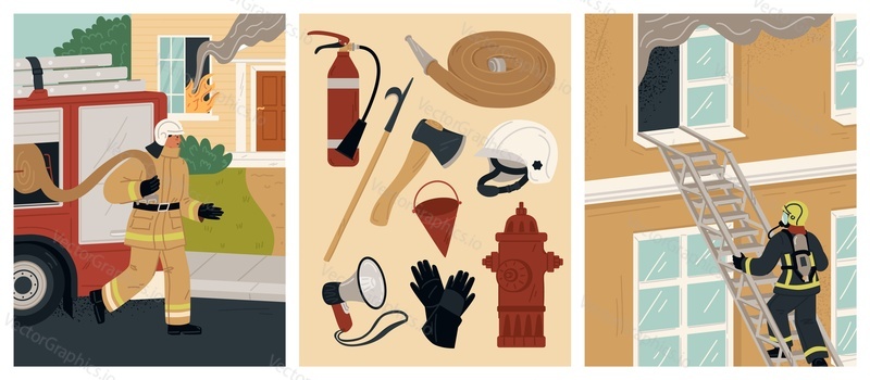 Firefighters wearing uniform using instrument to put out fire scene set. Fireman doing firefighting emergency job and necessary tools collection vector illustration