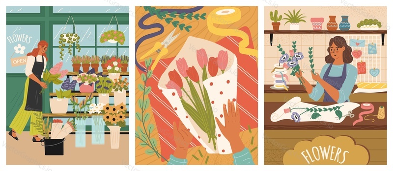Žena květinářství péče o rostliny, práce ve skleníku, takže květ kytice vektorové ilustrace. Propagační banner, leták, karta nebo cover template set