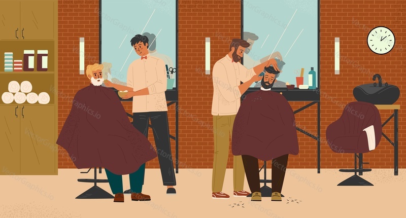 Dva holiči dělat účes pro klienty v holičství, vektorové ilustrace. Design interiéru holičství se židlemi, zrcadly. Kadeřník stříhání vlasů, dělá mužské účesy, holení vousů.