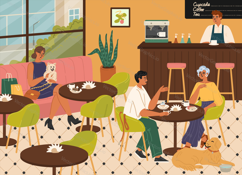 Dog-friendly coffee shop scene with happy people pet owners spending time. Female and male characters having sweet snack drinking aroma beverage in cafeteria accepting animals vector illustration