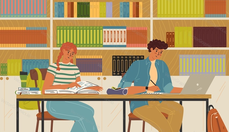 Teenage students studying at library doing homework preparing for exam vector illustration. Pensive male and female pupil teenager characters reading literature, using laptop computer