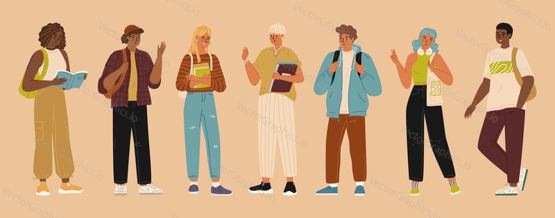 Isolated set of diverse international teenage student characters in different poses and gestures, holding learning accessories. Male and female teen pupil classmates carrying books vector illustration