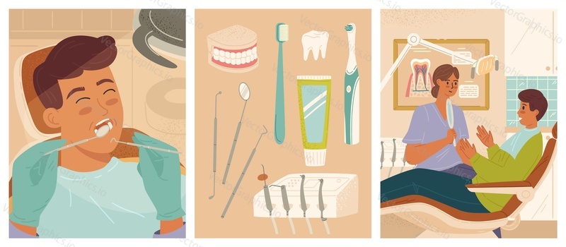 Patient on checkup at dentist appointment scene set. Little boy crying sitting in chair, adult man talking to doctor taking consultation vector illustration. Dental office and equipment