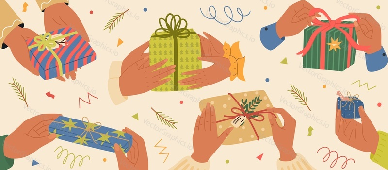 People hands holding or giving gifts box festive packaging. Christmas present, New Year greeting presents in human arms vector illustration