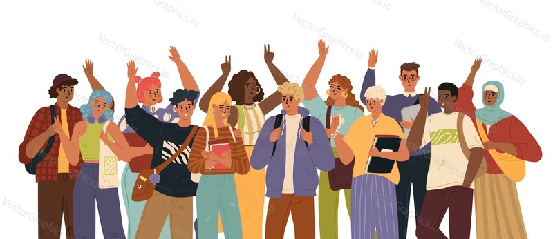 Mezinárodní různorodá skupina šťastných studentských postav vektorové ilustrace. Multikulturní mladý muž a žena mávají rukama pozdravným gestem, pocit vzrušení. Zpět na univerzita a vzdělávání