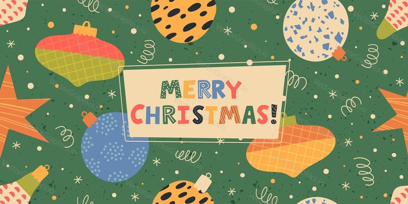 Merry Christmas banner with fir tree baubles ornaments, colorful balls and confetti swirl ribbon vector illustration design on green background