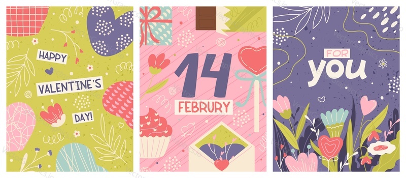 Happy valentine day romantic greeting card with floral and heart decoration isolated set. Holiday invitation banner or brochure cover dedicated 14 February vector illustration
