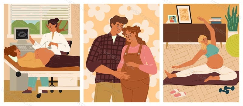 Pregnancy scene with happy pregnant woman at gynecologist appointment getting ultrasound screening, hugging with loving husband doing yoga and gymnastics stretching routine vector illustration