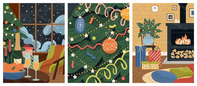 Christmas design cards isolated set. Festive living room interior with served table, wrapped gift boxes, cozy fireplace and decorated fir tree vector illustration