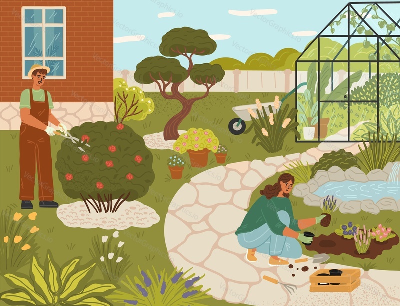 Farmář rodina pracuje na dvorku péče o rostliny vektorové ilustrace. Milující manžel a manželka zahradník výsadba květin, prořezávání stromů a keřů v zahradě na venkově