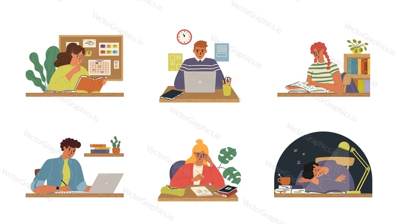 Různé studentské postavy studující doma, v knihovně, online a offline izolované sadě. Mužské a ženské žáci čtení, dělat domácí úkoly a výzkumné práce, pomocí přenosného počítače vektorové ilustrace