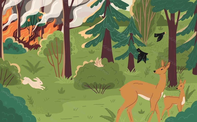 Scared wild animals running and birds flying away from wildfire in forest scene. Nature conservation, environmental protection, defense of national parks vector illustration