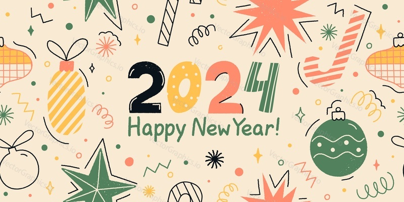Happy 2024 new year greeting banner in trendy geometric minimal style. Festive fir tree baubles decorative Memphis design elements vector illustration