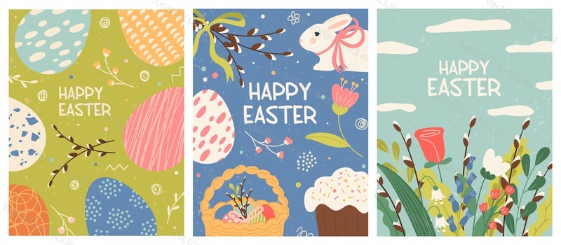 Happy Easter greeting card template with cute design isolated set. Postcard with congratulation text and painted eggs, sweet holiday cake and first spring flower vector illustration