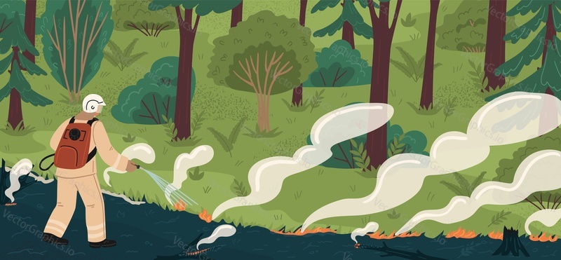 Fireman character in protective clothing and helmet with water hose extinguishing forest on fire vector scene. Dangerous wildfire outbreak and remedial measures illustration