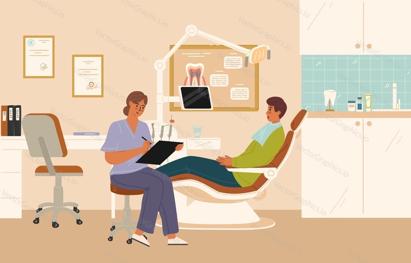 Dentist consulting patient at stomatology clinic office vector illustration. Appointment with stomatologist in dental hospital. Oral checkup, toothache treatment concept