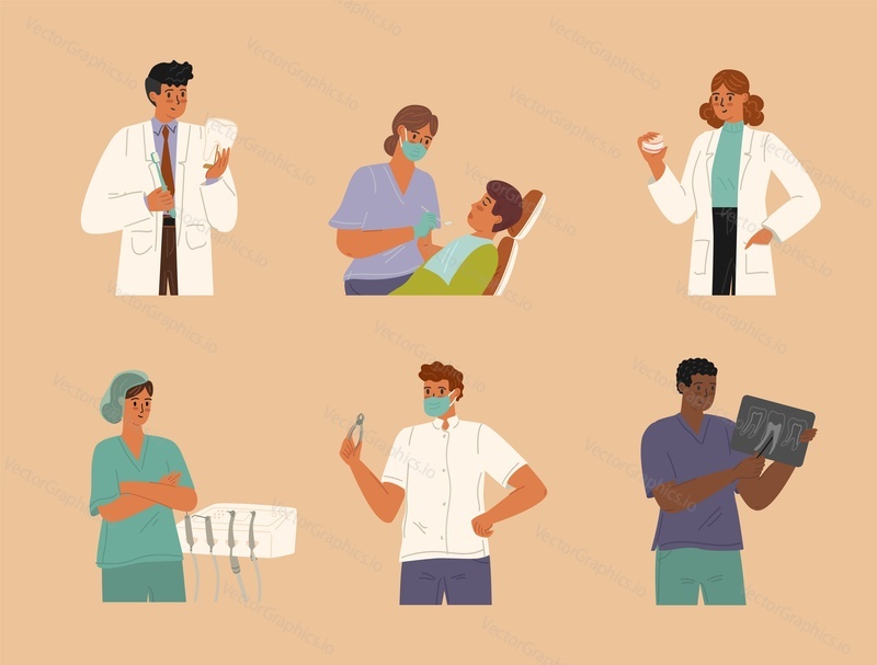 Isolated set of patient and dentist characters. Man holding tooth x-ray, little boy on checkup, orthodontist with dental tools and examination results vector illustration