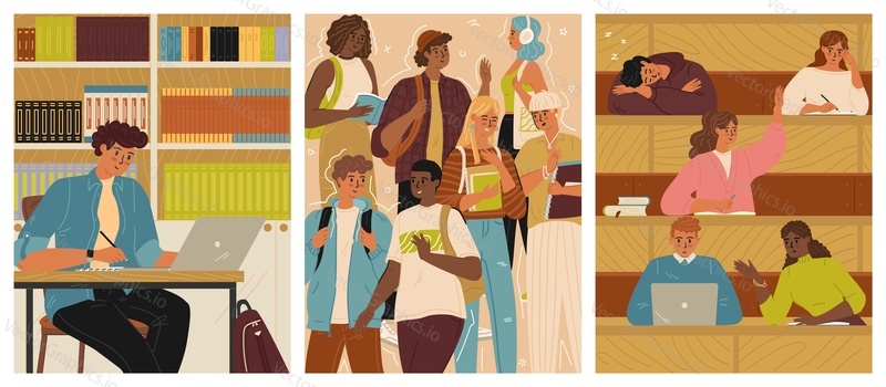 Students studying in auditorium at college or university, doing homework, chatting during break time scene set. Back to learning and education process at lectures or seminars vector illustration