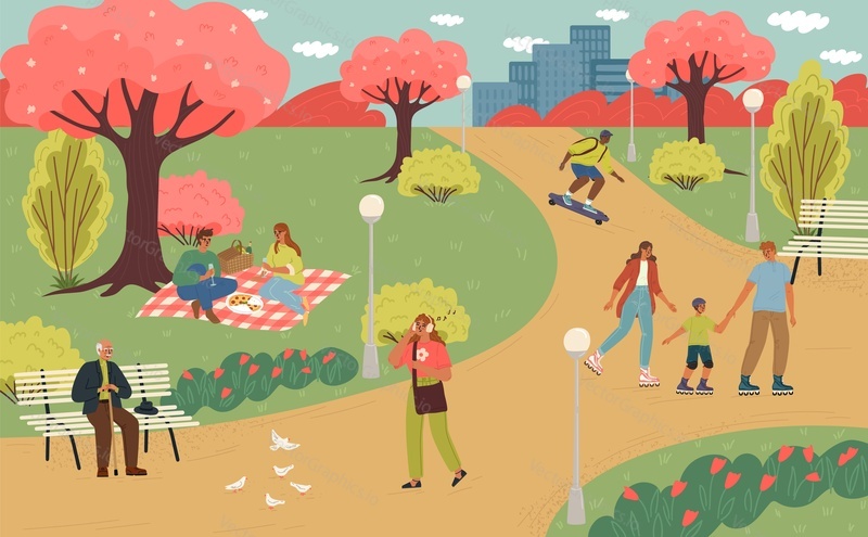 Crowd of people walking in spring city park vector illustration. Romantic couple having picnic, happy family roller skating, teenager skateboarding, grandpa rest on bench, female listening music