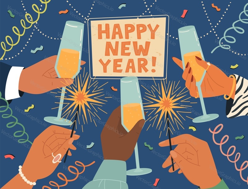 Happy New Year greeting card with human hands holding champagne glasses, fireworks and sparkler over festive vector illustration background