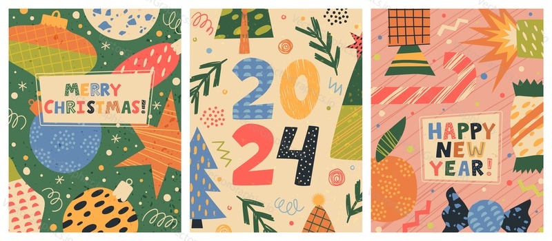 Merry Christmas, 2024 and happy new year greeting cards, holiday posters and covers isolated set. Festive wintertime baubles and accessories, fir tree elements vector illustration design