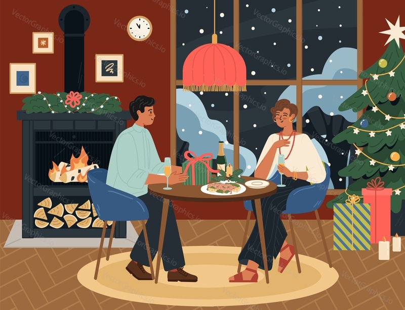 Šťastný milující pár slaví Vánoce a Nový rok sedí u stolu s slavnostní večeře a nápoje doma vektorové ilustrace. Romantický večer během zimních prázdnin koncept