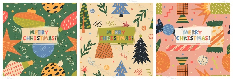 Merry Christmas greeting cards template design isolated set. Xmas festive web banner, social media cover, print with congratulation headline and eve pattern vector illustration