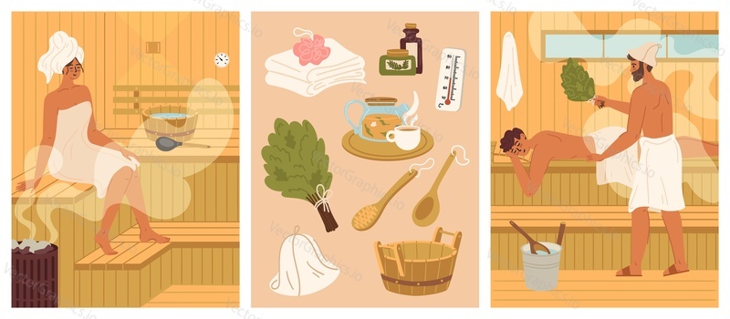 Saunová scéna. Uvolněný lidé znaky přičemž parní lázeň, s masáží s dubovými košťaty a koupací doplňky vektorové ilustrace. Kosmetologie, zdravotní péče a hygiena