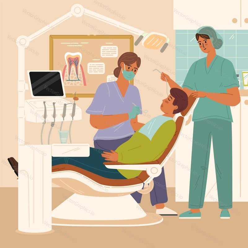 Dentist and assistant treating patient teeth vector illustration. Man with toothache at doctor stomatologist appointment. Dentistry concept
