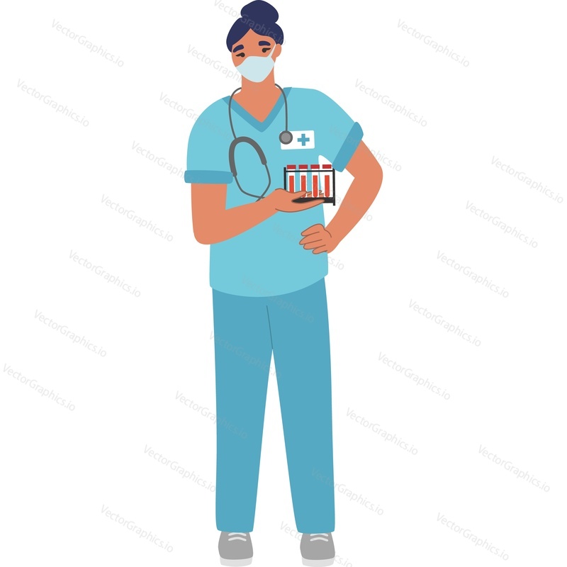 Woman doctor lab worker with blood test tubes vector icon isolated on white background