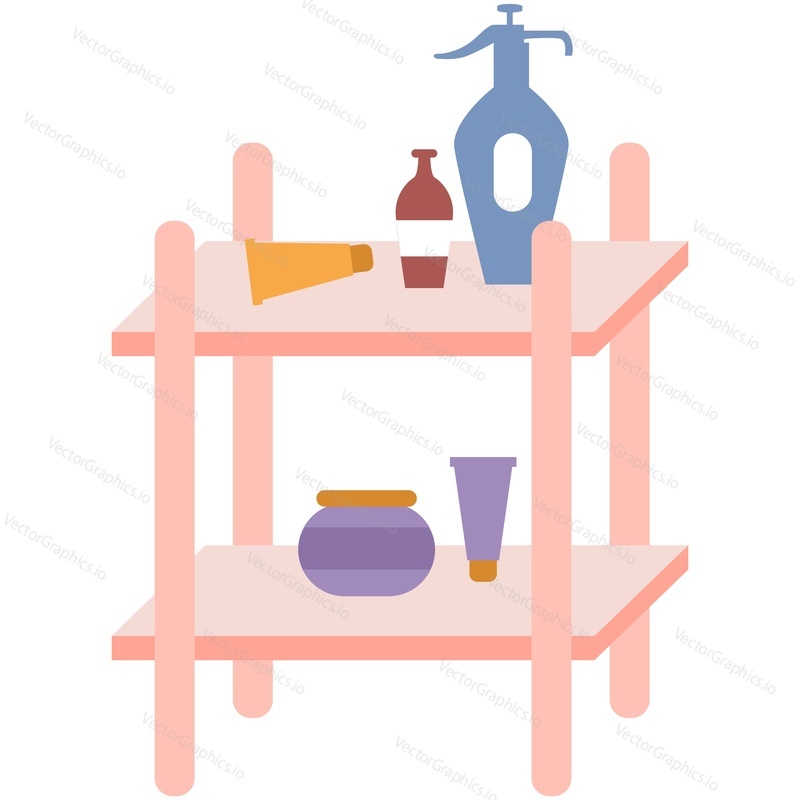 Dressing table room vector. Woman furniture with shelves interior design. Perfume, cosmetic and cream bottle, beauty toiletry for girl body care on shelf isolated on white background