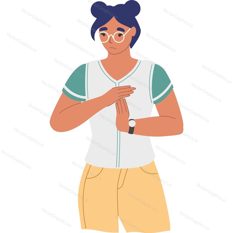 Young female student gesturing disagreement and stop sign vector icon isolated on white background