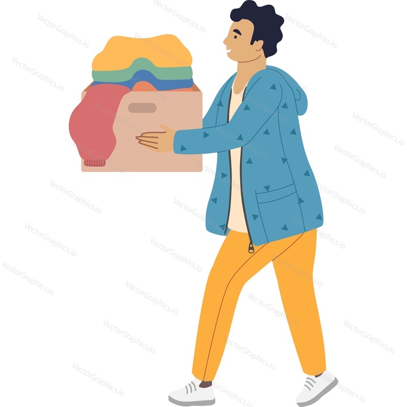 Man donating clothing for homeless vector icon isolated on white background