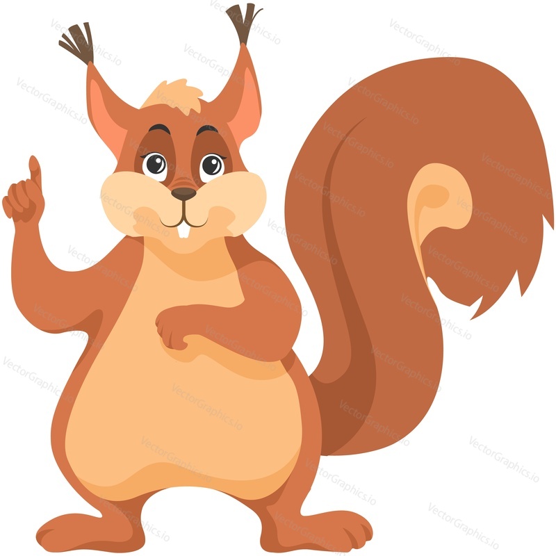 Cartoon squirrel animal pointing index finger up vector. Rodent character notice isolated on white background