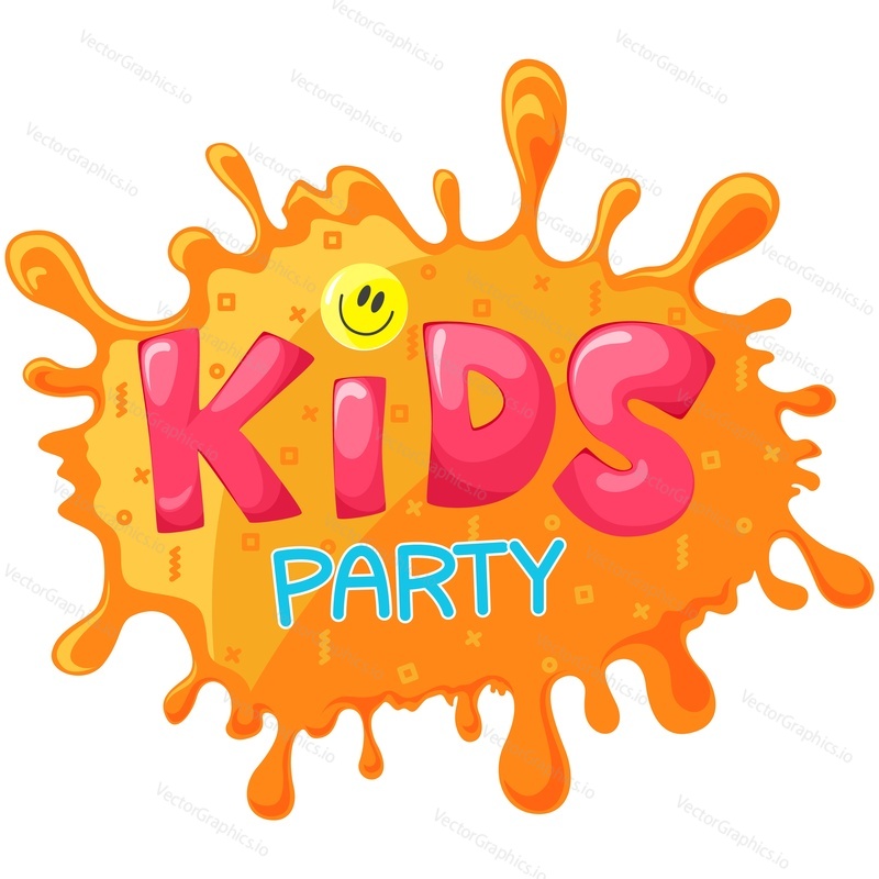 Kids party vector logo. Playground zone for play, fun, game and birthday celebration. Sweet syrup blot splash cartoon design isolated on white background