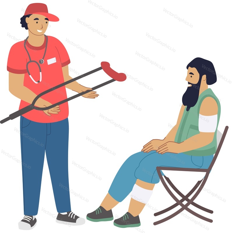Medial worker giving crutch to homeless person, donation vector icon isolated on white background